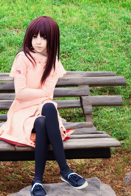 Prompt: anime style girl sitting on a bench