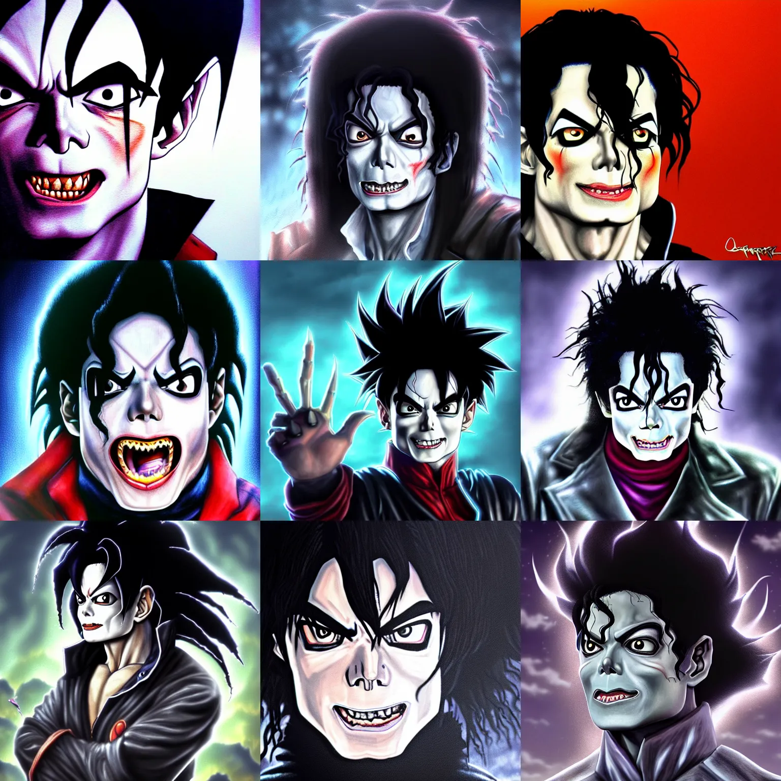 Prompt: michael jackson!!!! realistic dramatic !big face realistic close up concept art of michael jackson frankenstein moster as a dragon ball Z character,dark eye sockets, graveyard landscape at night , 4k anime character illustration by akira toriyama, artstation