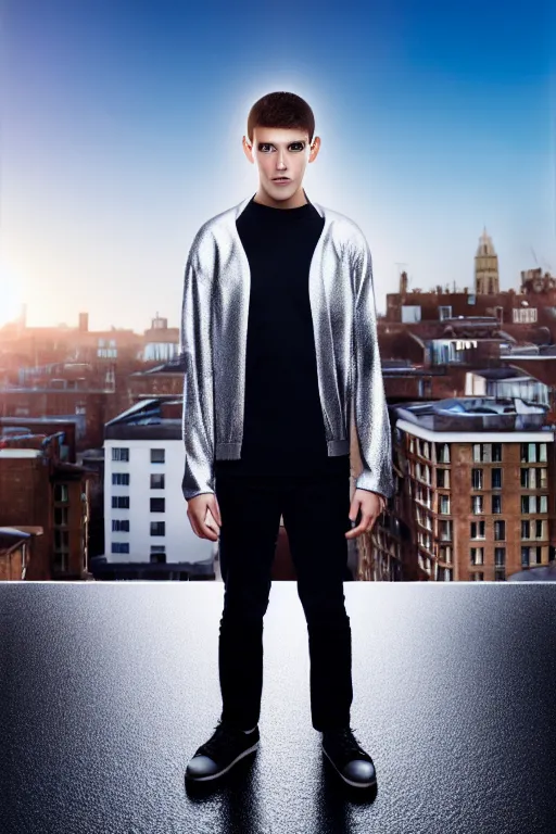 Image similar to un ultra high definition studio quality photographic art portrait of a young man standing on the rooftop of a british apartment building wearing soft padded silver pearlescent clothing. three point light. extremely detailed. golden ratio, ray tracing, volumetric light, shallow depth of field. set dressed.