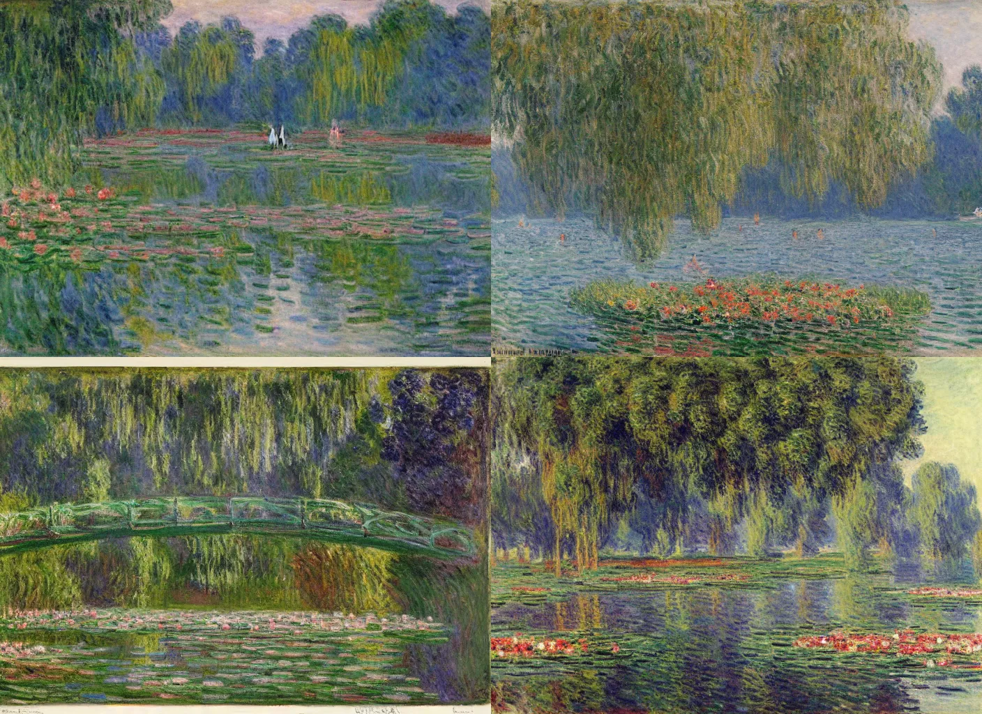 Prompt: women and men bathing in the lake, flowers and trees around the lake, morning, august, by Claude Monet