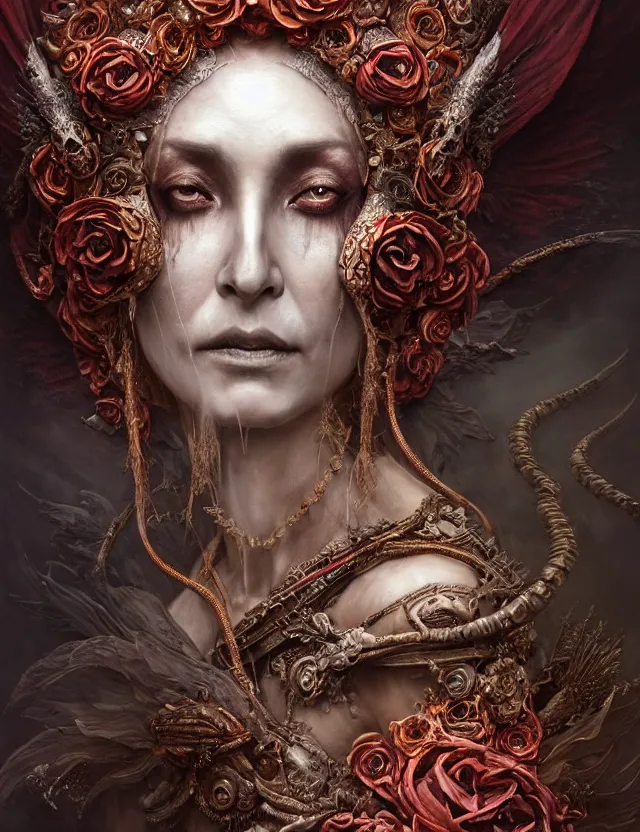 Prompt: a beautiful detailed 3d matte painting of face portrait of female empress of the dead, by ellen jewett, tomasz alen kopera and Justin Gerard, symmetrical features, ominous, magical realism, texture, intricate, ornate, royally decorated, skull, skeleton, whirling smoke, embers, red adornements, red torn fabric, radiant colors, fantasy, trending on artstation, volumetric lighting, micro details, 3d sculpture, ray tracing, 8k