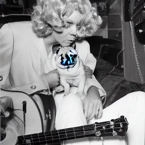 Image similar to pug with a big blonde wig playing delta blues, photograph