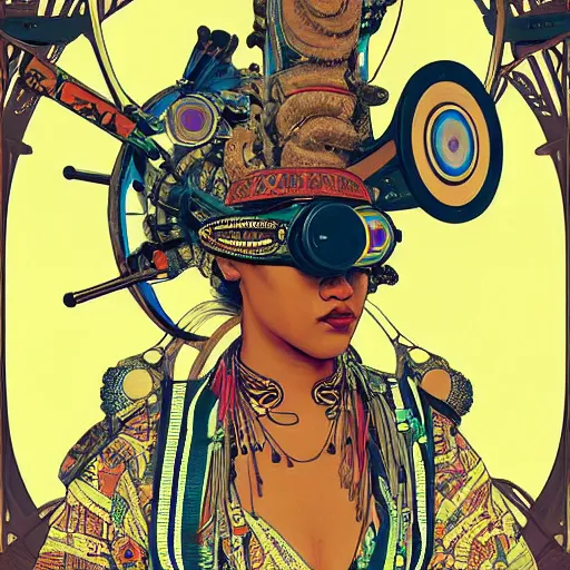 Image similar to colourful vfx upper half - portrait - art of a african tribal chief wearing steam punk goggles, art by utagawa kunisada, james jean & alphonse mucha, symmetrical, intricate detail, concept art, volumetric light, ray tracing, caricature, digital illustration, digital painting, octane 3 d render, unreal engine, sharp, pinterest, behance, art station,