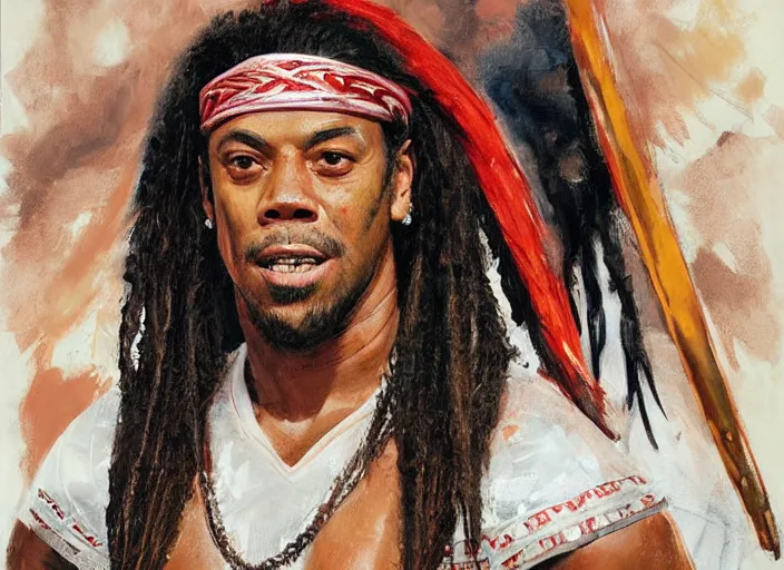 Image similar to a highly detailed beautiful portrait of ronaldinho as kratos, by gregory manchess, james gurney, james jean