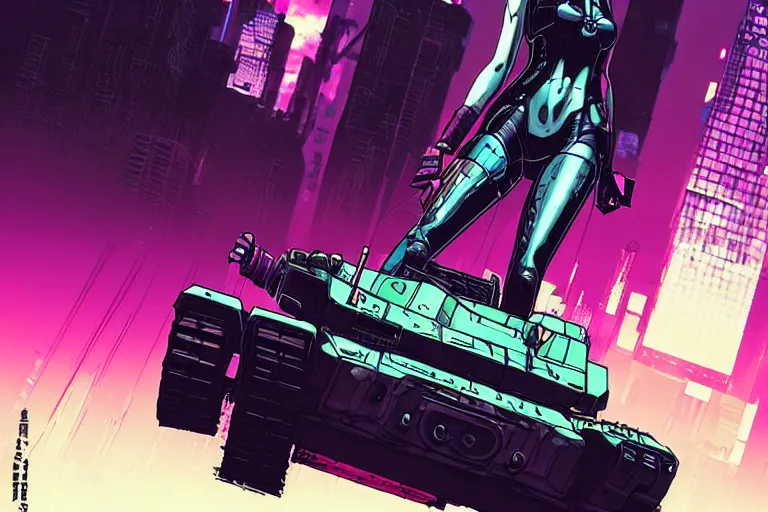 Image similar to motoko kusanagi riding a spider - tank in a grungy cyberpunk megacity, intricate and finely detailed, cyberpunk vaporwave, by phil jimenez, ilya kuvshinov