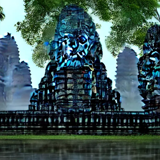 Image similar to a futuristic distopic angkor thom, photorealistic, bladerunner, dramatic lighting, highly detailed