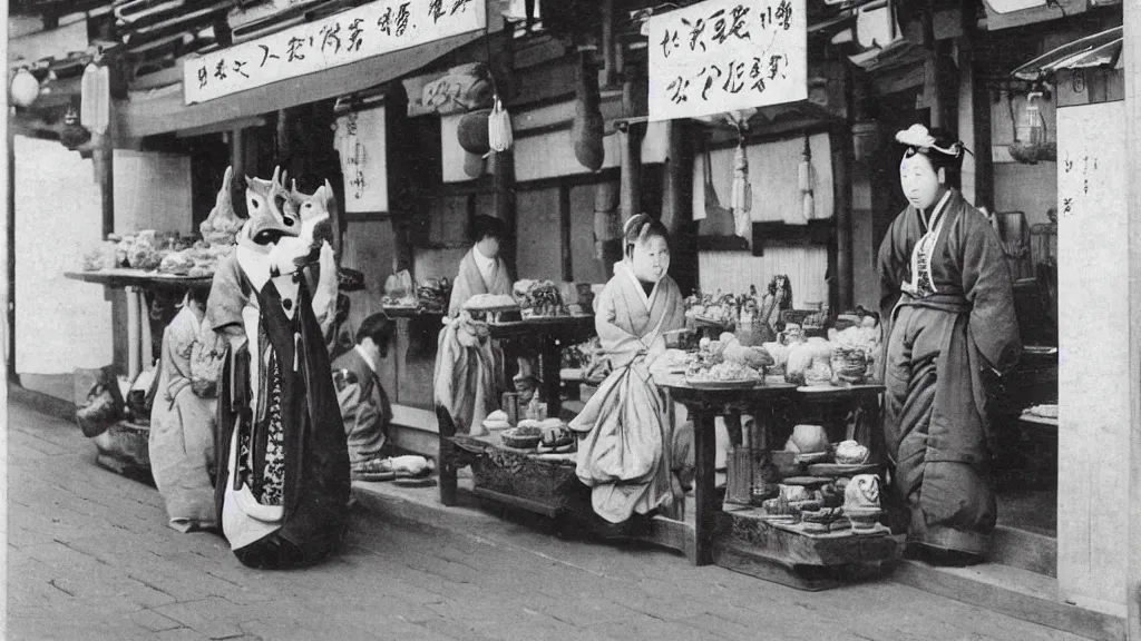 Image similar to 1 8 th century japanese street market in kyoto 1 9 0 0 s early photography portrait anthro anthropomorphic deer head animal person fursona wearing clothes street trader