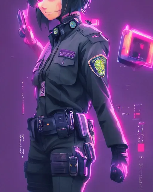 Image similar to anime key visual of a cat lady police officer, neon, cyberpunk, futuristic, stunning, highly detailed, digital painting, artstation, smooth, soft focus, illustration, art by artgerm and greg rutkowski and alphonse mucha