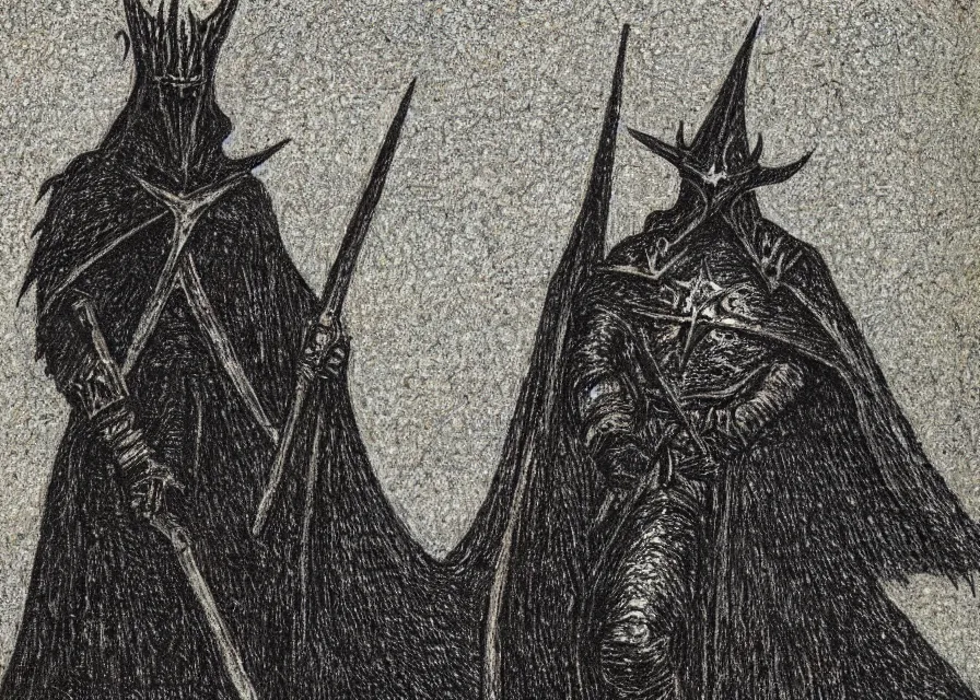 Image similar to the witch king of angmar rides upon black wings, by georges seurat