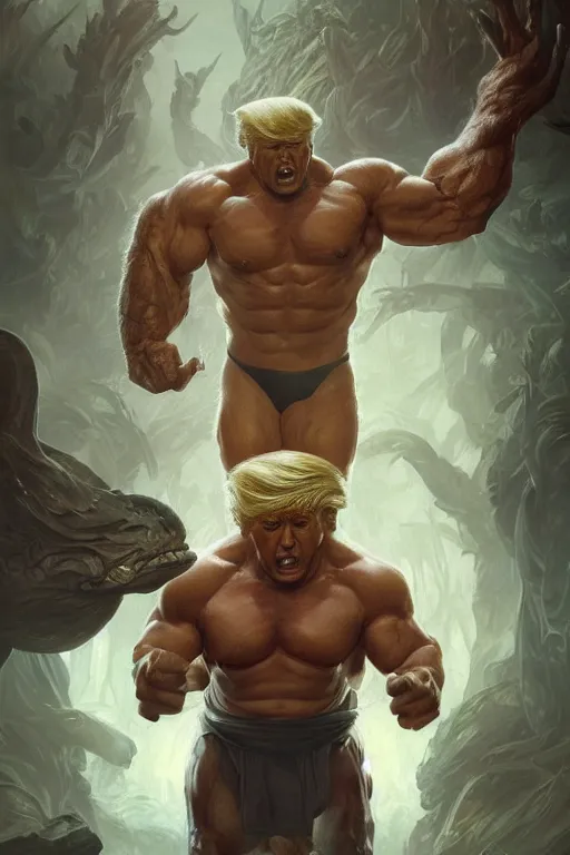 Prompt: portrait of donald trump as a hulking herculean demon, forest, godlike, full body, fantasy, intricate, elegant, highly detailed, digital painting, artstation, concept art, sharp focus, illustration, art by artgerm and greg rutkowski and alphonse mucha