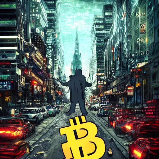 Prompt: bitcoin monster chasing people scared in city, cinematic composition, designed by cointelegraph, hyper - detailed