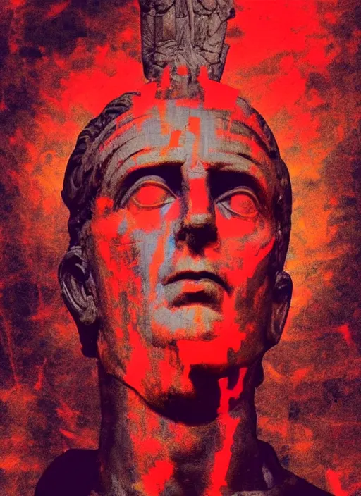 Prompt: design poster showing a statue of julius caesar, black background with very subtle red and purple design elements, powerful, nekro, vito acconci, graphic design, collage art, thin lines, dark, glitch art, neo vaporwave, gritty, layout frame, square, trending on artstation