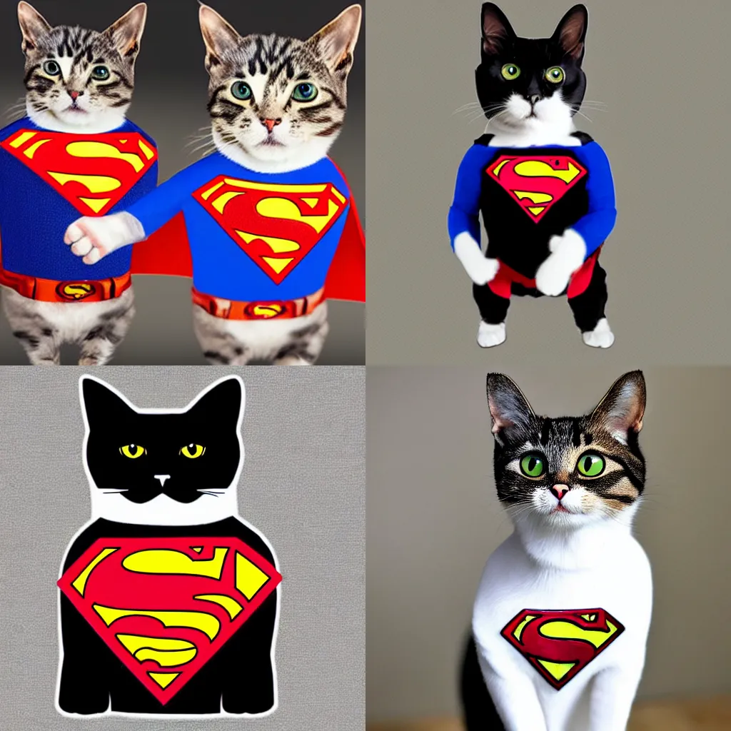 Prompt: a cat dressed in a suit with the Superman logo on it