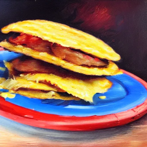 Image similar to A cute cat eating a Venezuelan arepa in the sun, detailed oil painting 4k