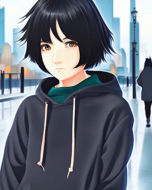 Image similar to black haired girl wearing hoodie, detailed city street background, anime illustration shinkai makoto oil painting