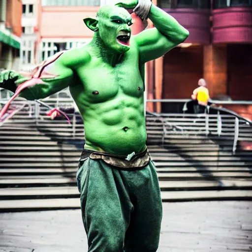 Image similar to a friendly green-skinned half-orc in the city, casual clothing, today's featured fantasy photography