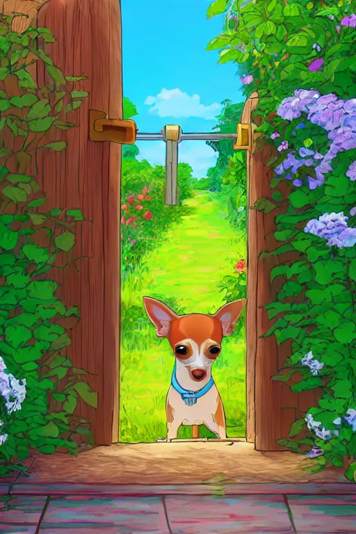 Prompt: A chihuahua looks through her garden gate, cel shaded cartoon in the style of studio Ghibli, sunny morning, cinematic lighting, summer