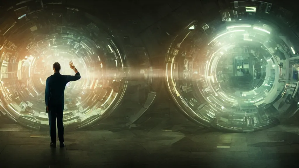 Image similar to movie scene of a man standing in front of a multiverse machine, movie still, cinematic composition, cinematic light, pastel color scheme, by andrzej zuławski