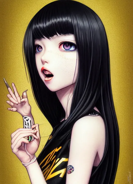 Image similar to richly detailed colored pencil 3 d illustration woman silky straight black hair with iridescence wearing nirvana logo tshirt and short black shorts, she staring at the camera happily art by range murata and artgerm.