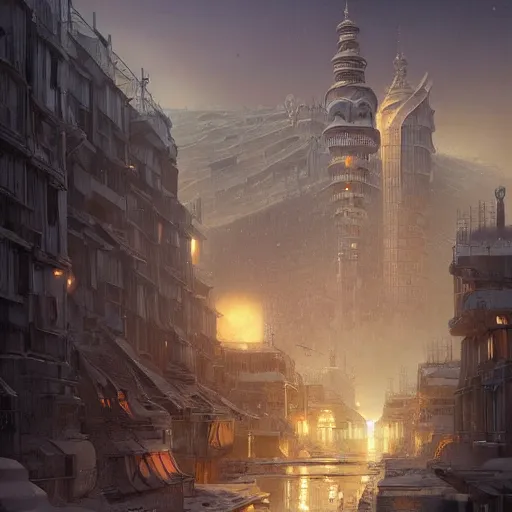 Image similar to It’s crowded streets of Russian panel houses quarters on the Moon city, Norilsk, sci-fi, fantasy, intricate, very very beautiful, elegant, highly detailed composition, digital painting, artstation, concept art, smooth, sharp focus, illustration, art by artgerm and greg rutkowski and alphonse mucha