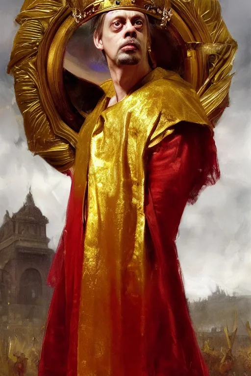 Image similar to beautiful portrait oil painting, steve buscemi wearing a golden wreath crown in royal crimson robes enthroned as the god emperor of ancient rome, mid - shot, by anders zorn, wonderful masterpiece by greg rutkowski, beautiful cinematic light, american romanticism, by thomas lawrence, greg rutkowski