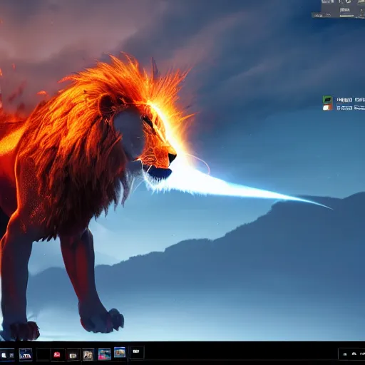 Image similar to fire lion, flaming, unreal engine
