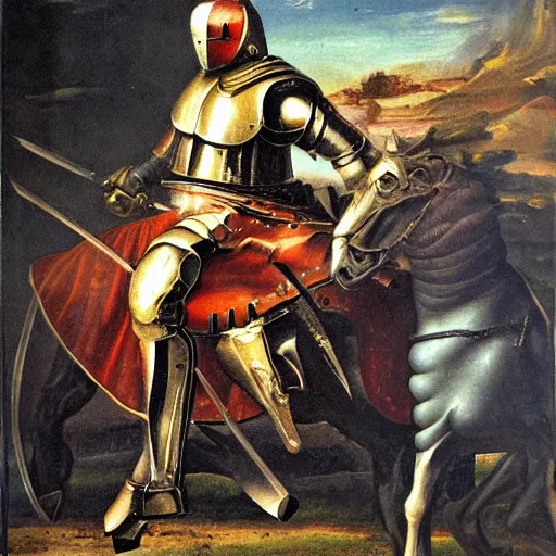 Image similar to a realistic painting by Raffaello Sanzi depicting the knight in shining armor with the head of The Skrull in the Renaissance.