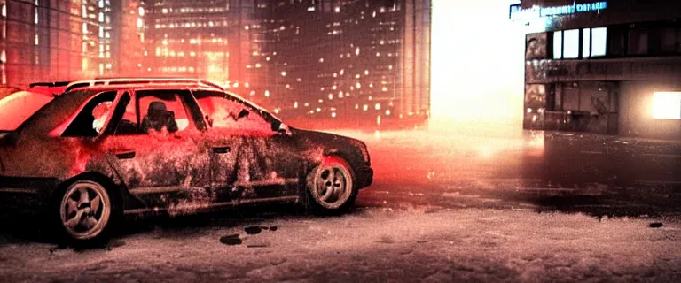 Image similar to Audi A4 B6 Avant (2002), a gritty neo-noir, dramatic lighting, cinematic, eerie person, death, homicide, homicide in the snow, viscera splattered all over the car, gunshots, establishing shot, extremely high detail, photorealistic, red mist, arson, burning city, cinematic lighting, artstation, by simon stalenhag, Max Payne (PC) (2001) winter New York at night, In the style of Max Payne 1 graphic novel, flashing lights, Poets of the Fall - Late Goodbye