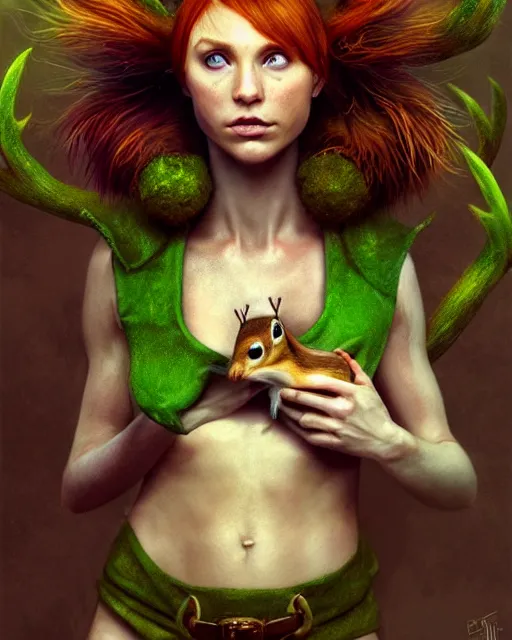 Image similar to female druid holding pet chipmunk, perfect face, thin antlers, green halter top, ginger hair, abs, cinematic, freckles, stunning, athletic, strong, agile, highly detailed, psychedelic, digital painting, artstation, smooth, hard focus, illustration, art by jessica rossier and and brian froud