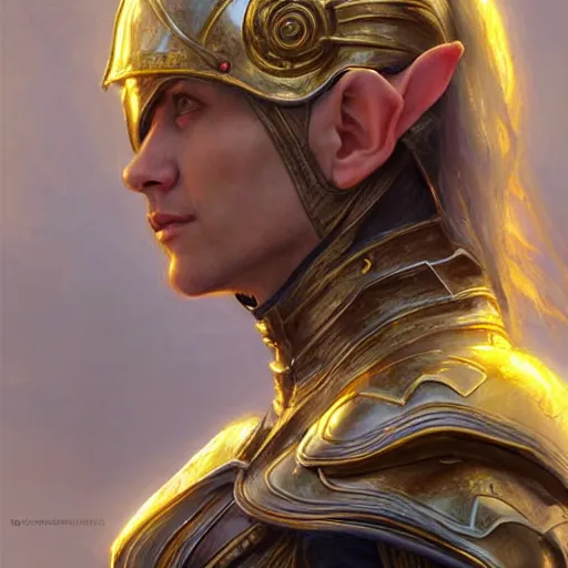 Prompt: elf profile view full body with armor in golden and silver colors and a curve long sword in, epic masterpiece of cinematographic hyperrealism, realistic shaded lighting poster by craig mallismo, artgerm, jeremy lipkin and michael garmash, unreal engine, radiant light, detailed and intricate environment, digital art, art station trends