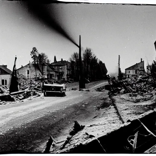 Prompt: small french village bombed out, Nazi Tiger 1s driving into the town, black and white, film grain,