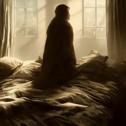 Prompt: shadow figure watching a person sleeping in bed at night, volumetric lighting, 8 k octane beautifully detailed render, post - processing, extremely hyper - detailed, intricate, epic composition, cinematic lighting, masterpiece, trending on artstation, detailed detailed detailed, masterpiece, stunning art by anders zorn, wonderful masterpiece by greg rutkowski, beautiful cinematic light,