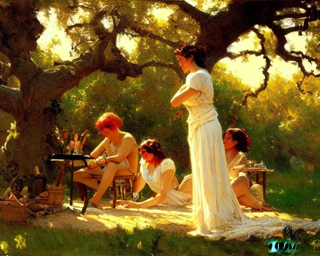 Prompt: painter painting underneath oak tree, painting by gaston bussiere, craig mullins, j. c. leyendecker