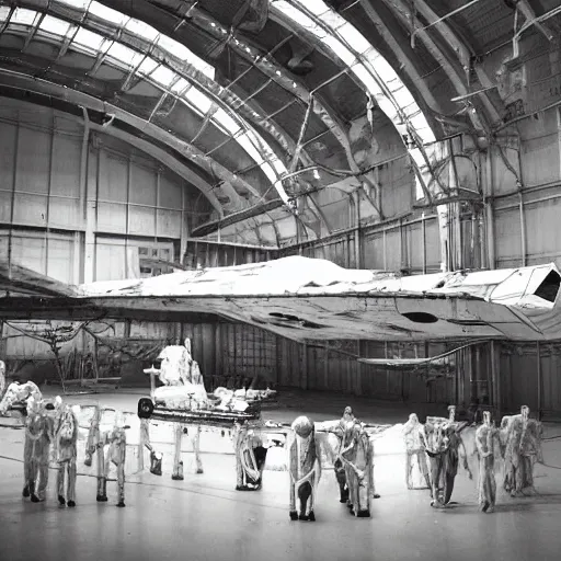 Image similar to dismantled ufo spaceship in hanger with people in hazmat suits standing around, grainy, vintage photo, sepia, old photo, realistic, detailed,