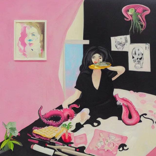 Prompt: a portrait in a female artist's bedroom, black walls, emo girl eating pancakes, sheet music, berries, surgical supplies, handmade pottery, flowers, sensual, octopus, neo - expressionism, surrealism, acrylic and spray paint and oilstick on canvas