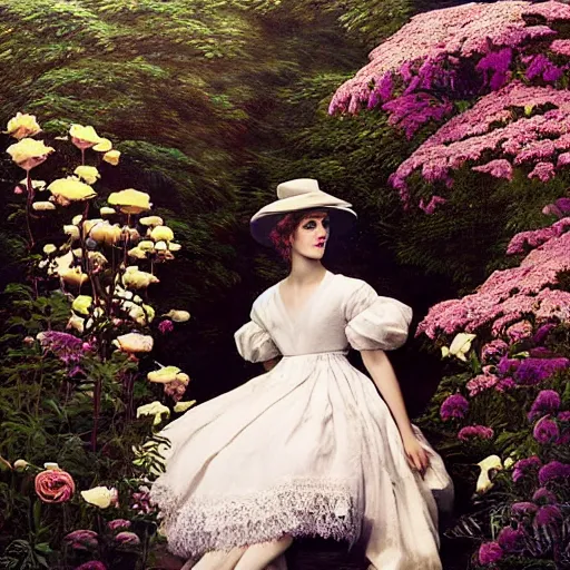 Prompt: full body fashion model emma watson by Jeremy Lipking by Hasui Kawase by Richard Schmid smokey eyes makeup eye shadow fantasy, glow, shimmer as victorian woman in a long white frilly lace dress and a large white hat having tea in a sunroom filled with flowers, roses and lush fern flowers ,intricate, night, highly detailed, dramatic lighting , high quality