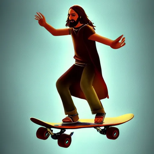 Prompt: photo of jesus christ riding a skateboard, digital art, artstation