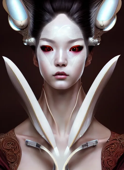 Prompt: organic seductive Geisha cyborg, pearlescent skin, diffuse lighting, fantasy, intricate, elegant, highly detailed, lifelike, photorealistic, digital painting, artstation, illustration, concept art, smooth, sharp focus, art by John Collier and Albert Aublet and Leonardo da vinci and Krenz Cushart and Artem Demura and Alphonse Mucha