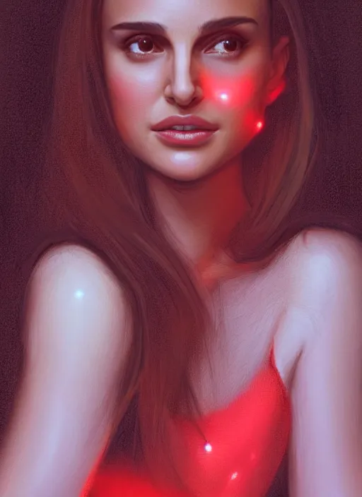 Prompt: portrait of teenage natalie portman, long haircut, flowing dark hair, white shirt, red tie, smiling kindly, forest at background, 1 9 8 0 s, intricate, elegant, glowing lights, highly detailed, digital painting, artstation, concept art, smooth, sharp focus, illustration, art by wlop, mars ravelo and greg rutkowski