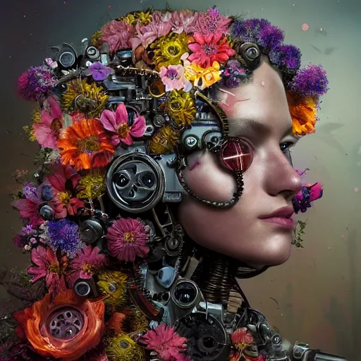 Image similar to a beautiful intricate fine art portrait photo of a farewell moment between a mechanical industrial steampunk cybernetic robot and a human overgrown with colorful flowers and leaves by tom bagshaw and zach sutton, golden ratio composition, studio lighting, 50mm lens, very detailed, bionic, cybernetic scifi, deep depth of field, artstation, 8K, highly coherent