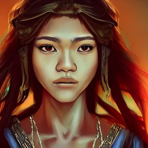 Image similar to “Zendaya, Mononoke-hime style, fantasy, photorealistic, concept Art, ultra detailed portrait, 4k resolution”