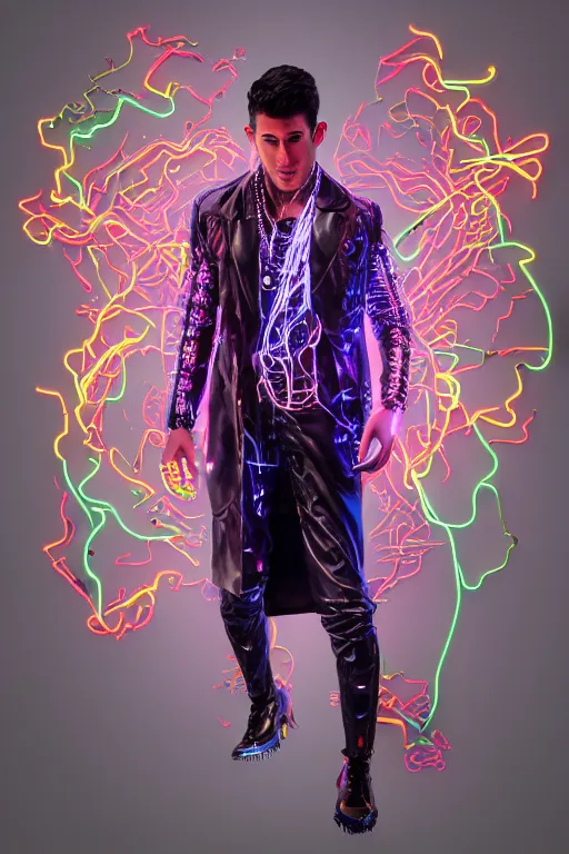 Image similar to full-body bladerunner neon rococo style sculpture of a handsome Spanish Nick Jonas as a half cibernetic android with a chest opening exposing circuitry and electric sparks, glowing laser beam eyes, crown of giant diamonds, flowing neon-colored silk, fabric, raptors. intricate artwork by caravaggio. Trending on artstation, industrial lighting , photorealistic, octane render, 8k, depth of field, 3D