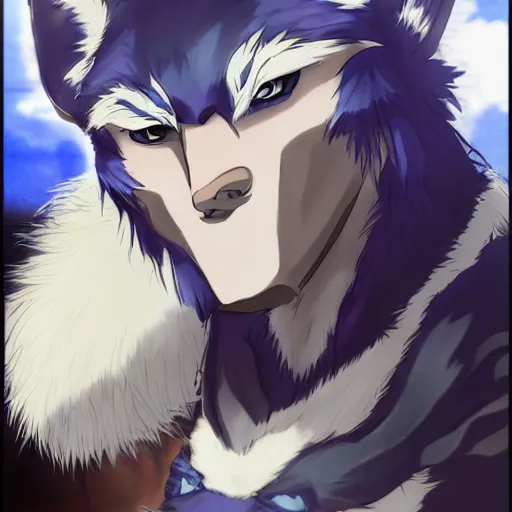 Image similar to modern anime still an anthro dark blue wolf furry fursona in a lavish outfit, handsome anime eyes, key anime visuals with anime environmental background