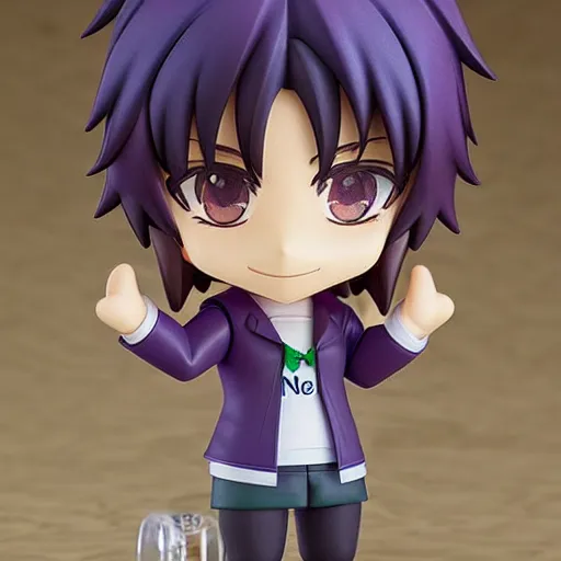 Prompt: nendoroid of a man with green long messy hair, purple eyes, round eyebrows and purple clothes