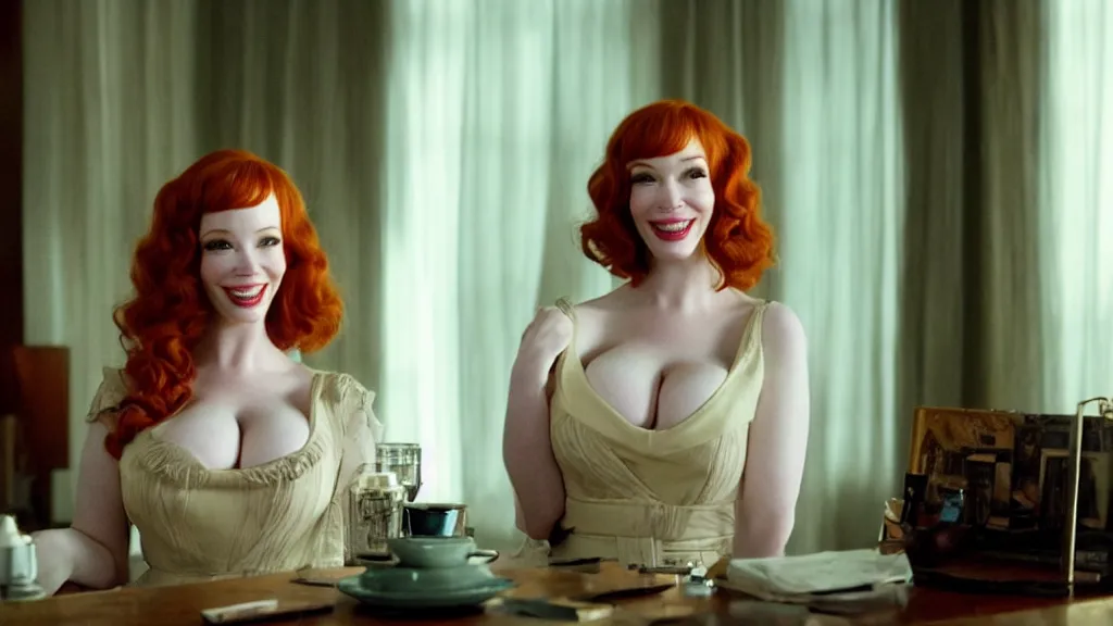 Image similar to a very happy beautiful Christina Hendricks in the living room, film still from the movie directed by Denis Villeneuve with art direction by Salvador Dalí, wide lens