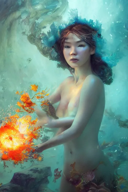 Prompt: face closeup a young beautiful girl exploding into coral reef and fire, underwater photography, nymph, siren, 3 d render, hyper realistic detailed portrait, holding magic flowers, ruan jia, wlop. scifi, fantasy, hyper detailed, octane render, concept art, by peter mohrbacher, by wlop, by ruan jia
