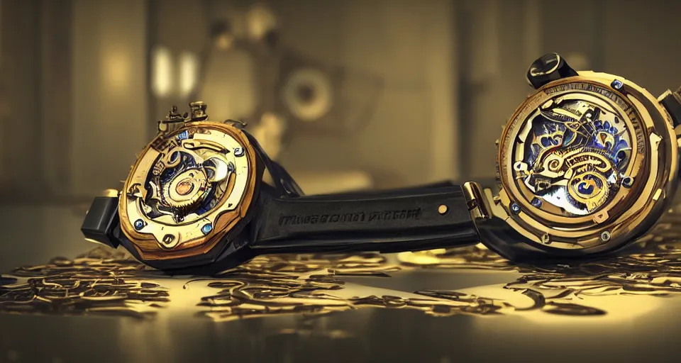 Image similar to complex 3 d render of a futuristic steampunk watch lying on a table, high detail, sharp focus, glowing blue interior components, fractal detail, depth of field, bokeh, cinematic lighting and composition, octane render, film grain, piaget