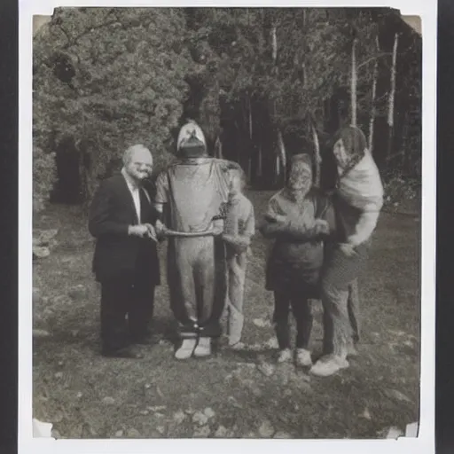 Image similar to really old polaroid photograph of horrorific extraterrestrial beings visiting earth,