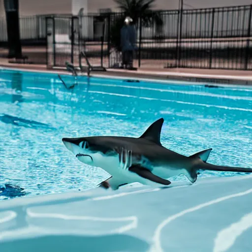 Prompt: a shark on the diving board at the swimming pool