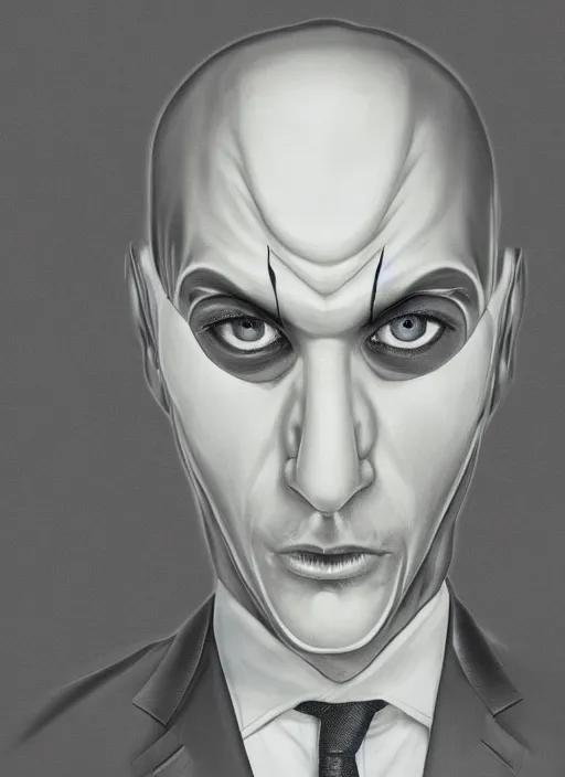 Image similar to a hyper realistic symmetrical portrait of a male alien in a suit